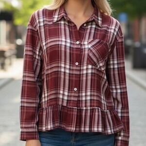 Philosophy Republic Womens S Red Plaid Ruffle Hem Button Up Flannel Cotton Shirt